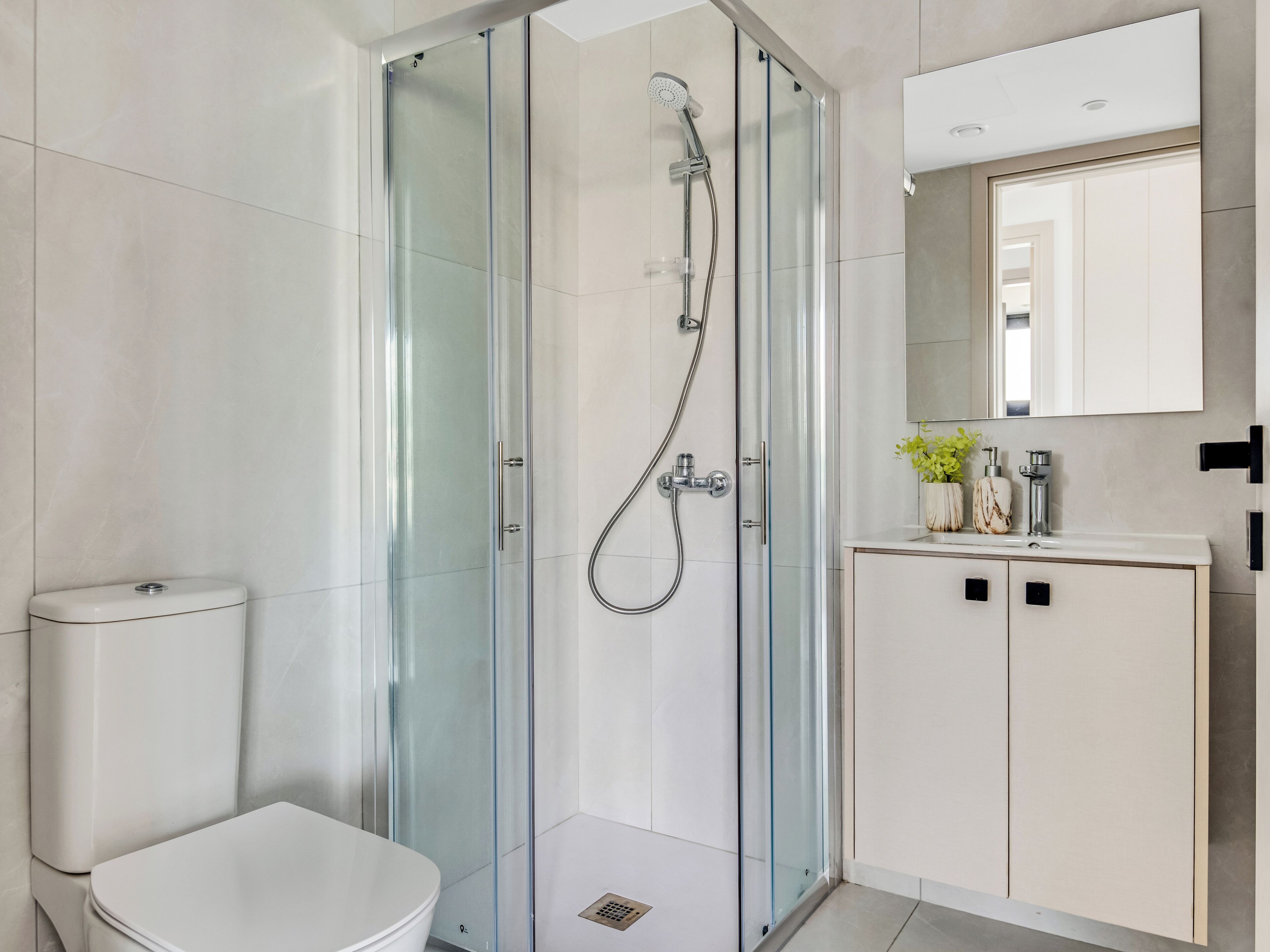 A modern bathroom with a glass-enclosed shower, a toilet, and a vanity with a mirror and toiletries.