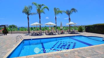 Relax by the pool surrounded by palm trees and lounge chairs.