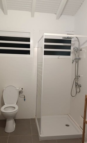 Regadera, toallas, papel de baño 