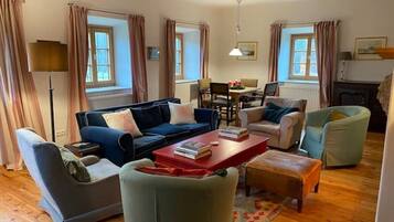 Télévision, cheminée, table de tennis de table, livres