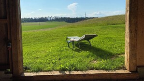 Blick aus einem Fenster mit Holzrahmen auf ein grünes Feld mit einem Stuhl und einem Tisch.
