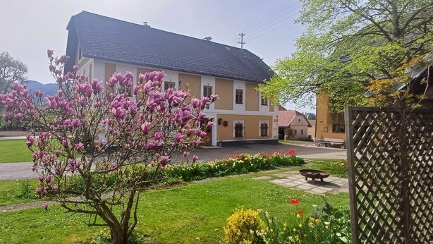 Ein zweistöckiges Haus mit Garten vor der Fassade.
