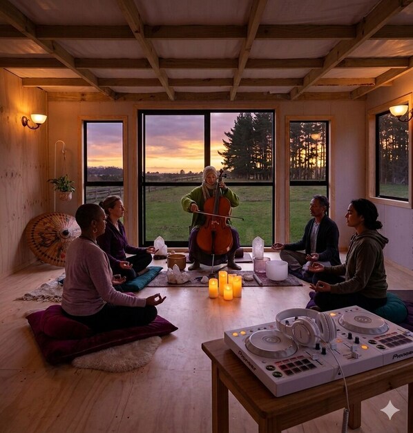 A room with a wooden ceiling, large windows, a cros