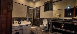 Shower, towels, soap, shampoo