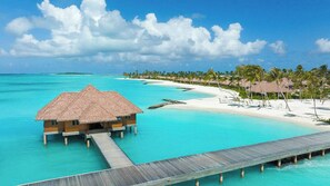 Privat strand, hvit sand, solsenger og parasoller