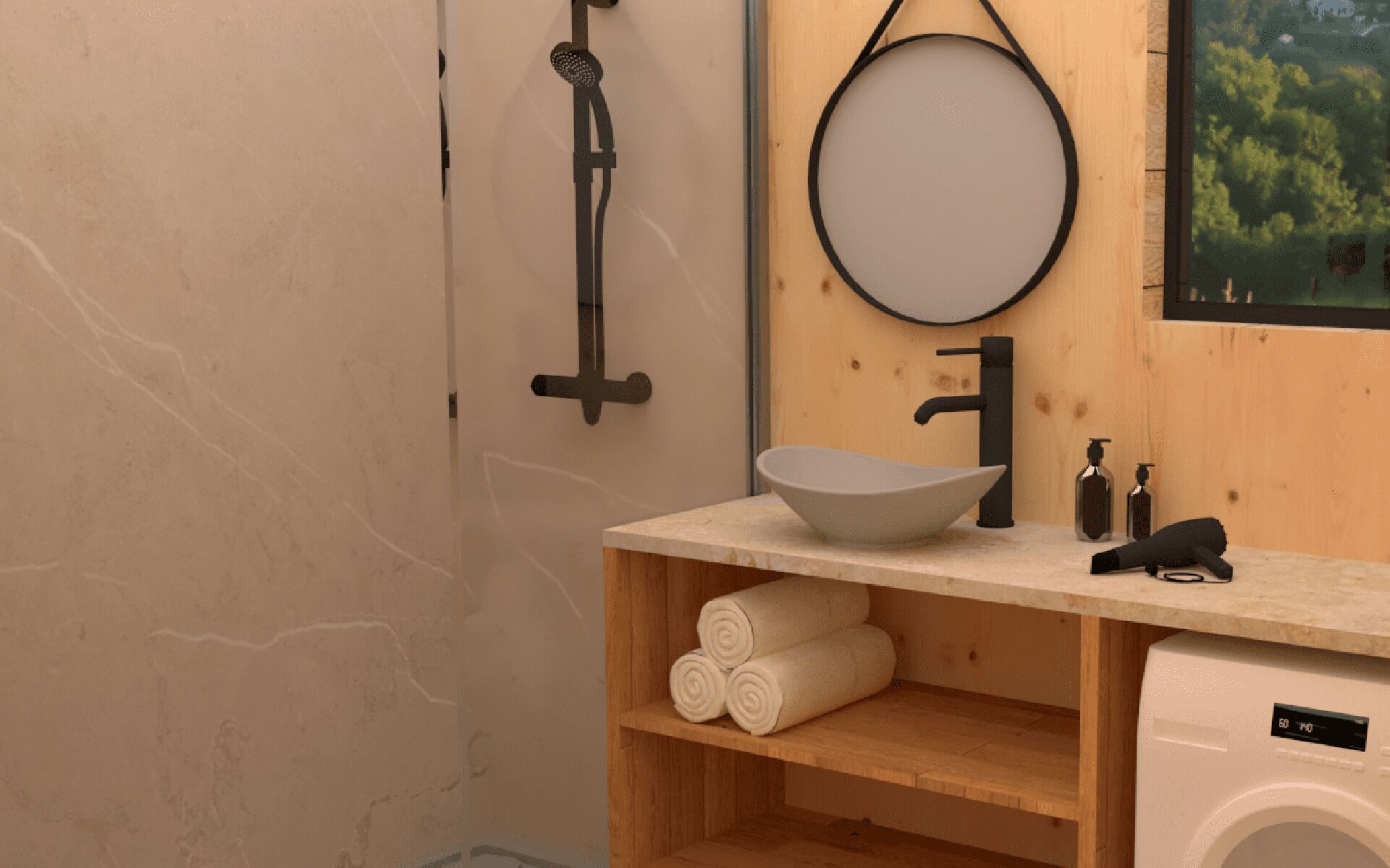 Douche, articles de toilette écologiques, serviettes fournies