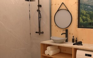 Shower, eco-friendly toiletries, towels