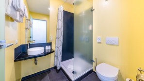 Shower, bathrobes, towels, soap