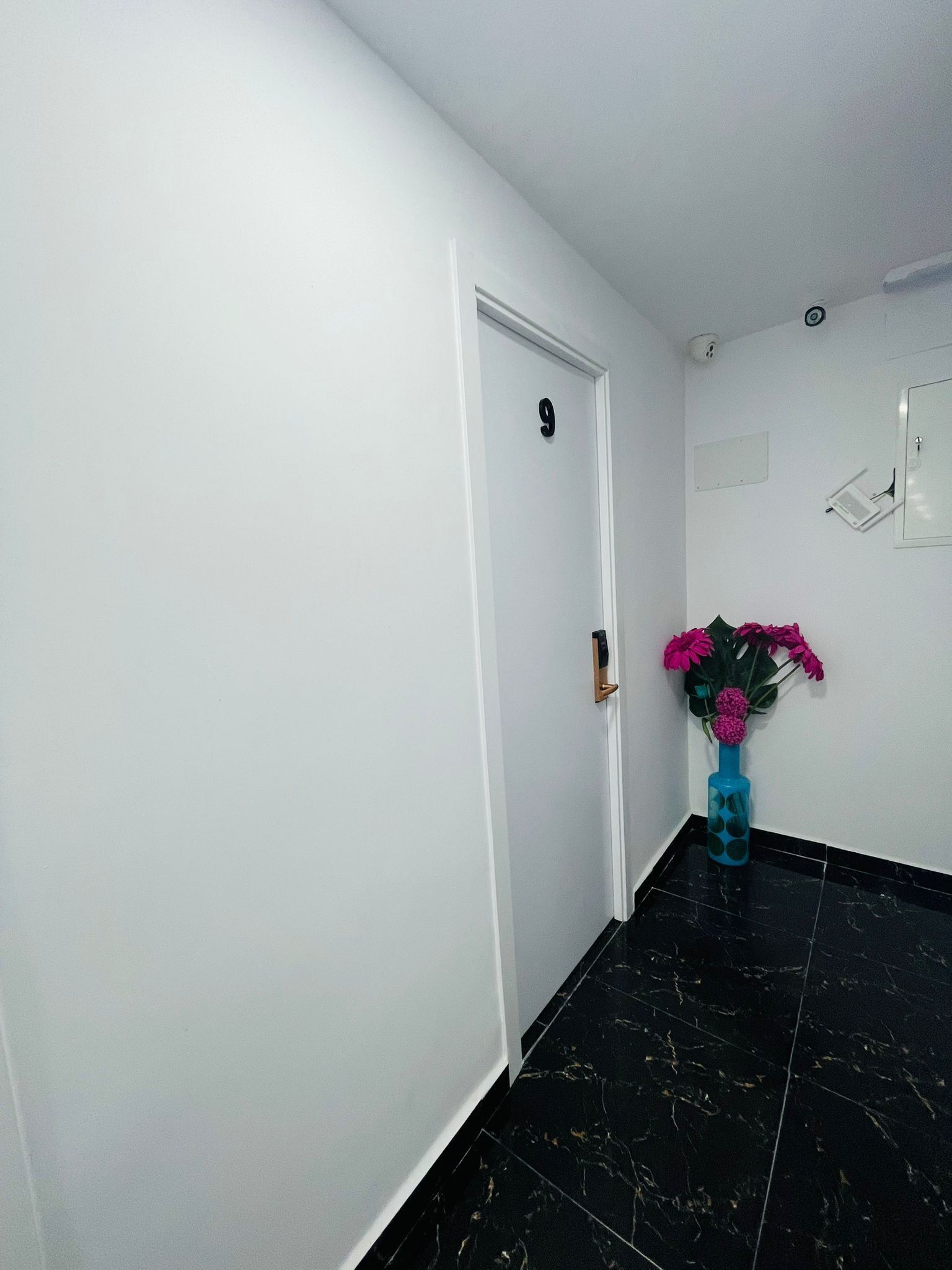 A hallway with a white door marked with the number 9, a blue vase with pink flowers, and a black tiled floor.