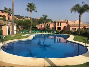 A swimming pool surrounded by lounge chairs and palm trees, with buildings in the background.