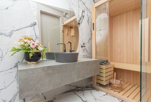 Shower, hair dryer, bidet, towels