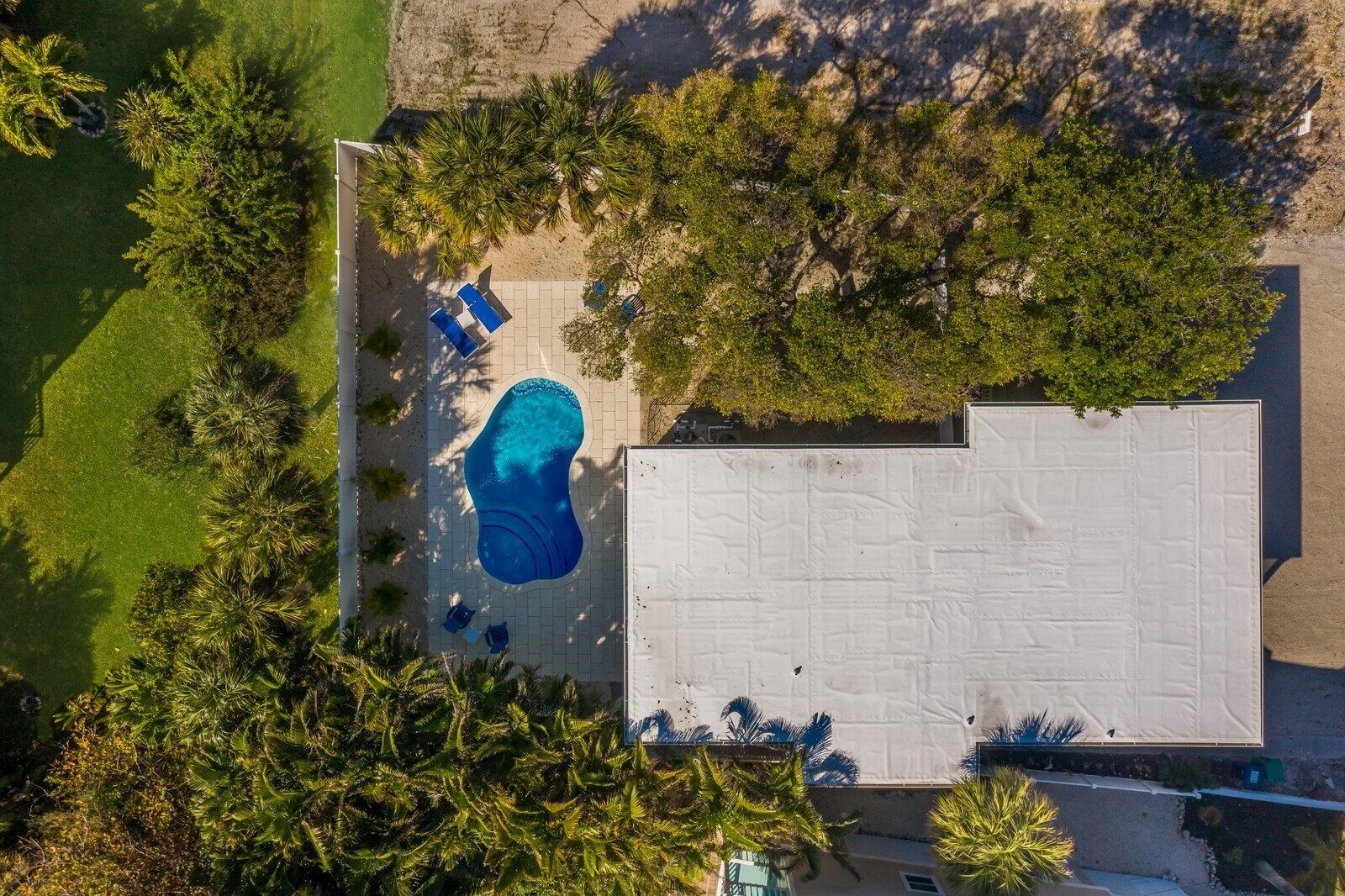 An aerial view of a property with a swimming pool, a covered patio area, and surrounding greenery.