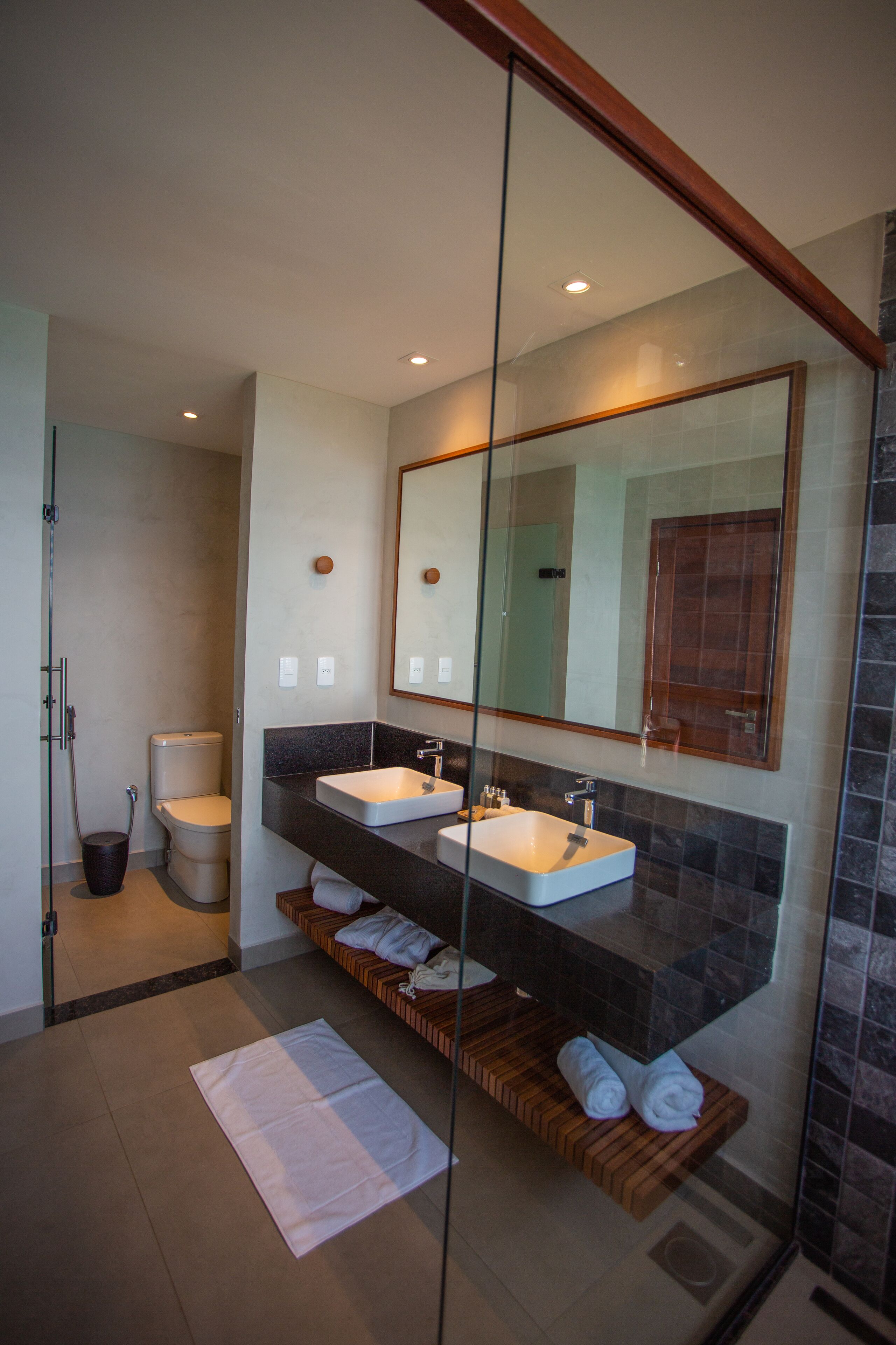 A modern bathroom with a glass shower enclosure, a double sink vanity, and a large mirror.