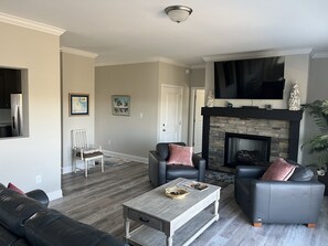 Smart TV, fireplace, books