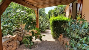 Un sendero en un jardín que lleva a una estructura de pérgola de madera.