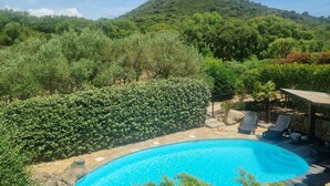 Una piscina rodeada de exuberante vegetación y una montaña al fondo.