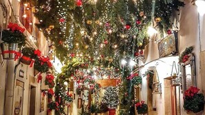Een smalle steeg versierd met feestelijke verlichting en decoraties, die leidt naar een gevel.