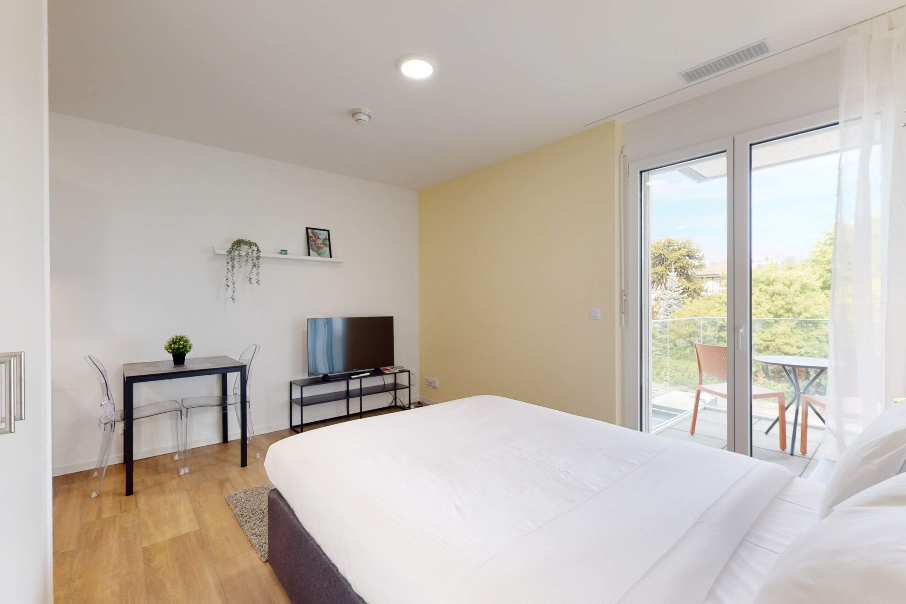A bedroom with a large bed, a desk with a TV, a small table with a plant, and a balcony with chairs.