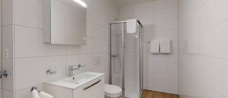 A modern bathroom with a glass shower enclosure, a white sink, and a toilet.