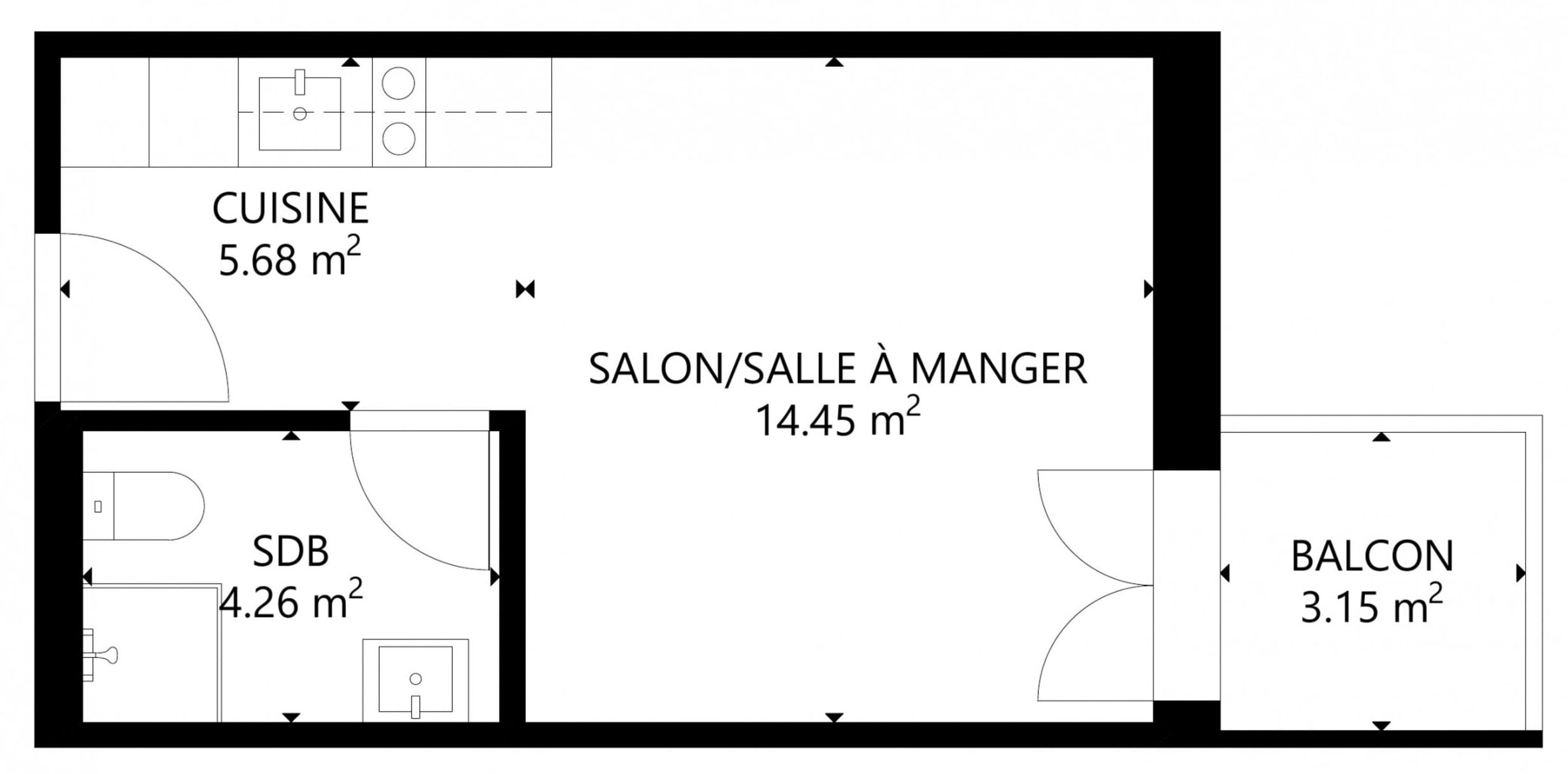 Ein Grundriss mit einer Küche (5,68 m²), einem Esszimmer (14,45 m²), einem Badezimmer (4,26 m²) und einem Balkon (3,15 m²).