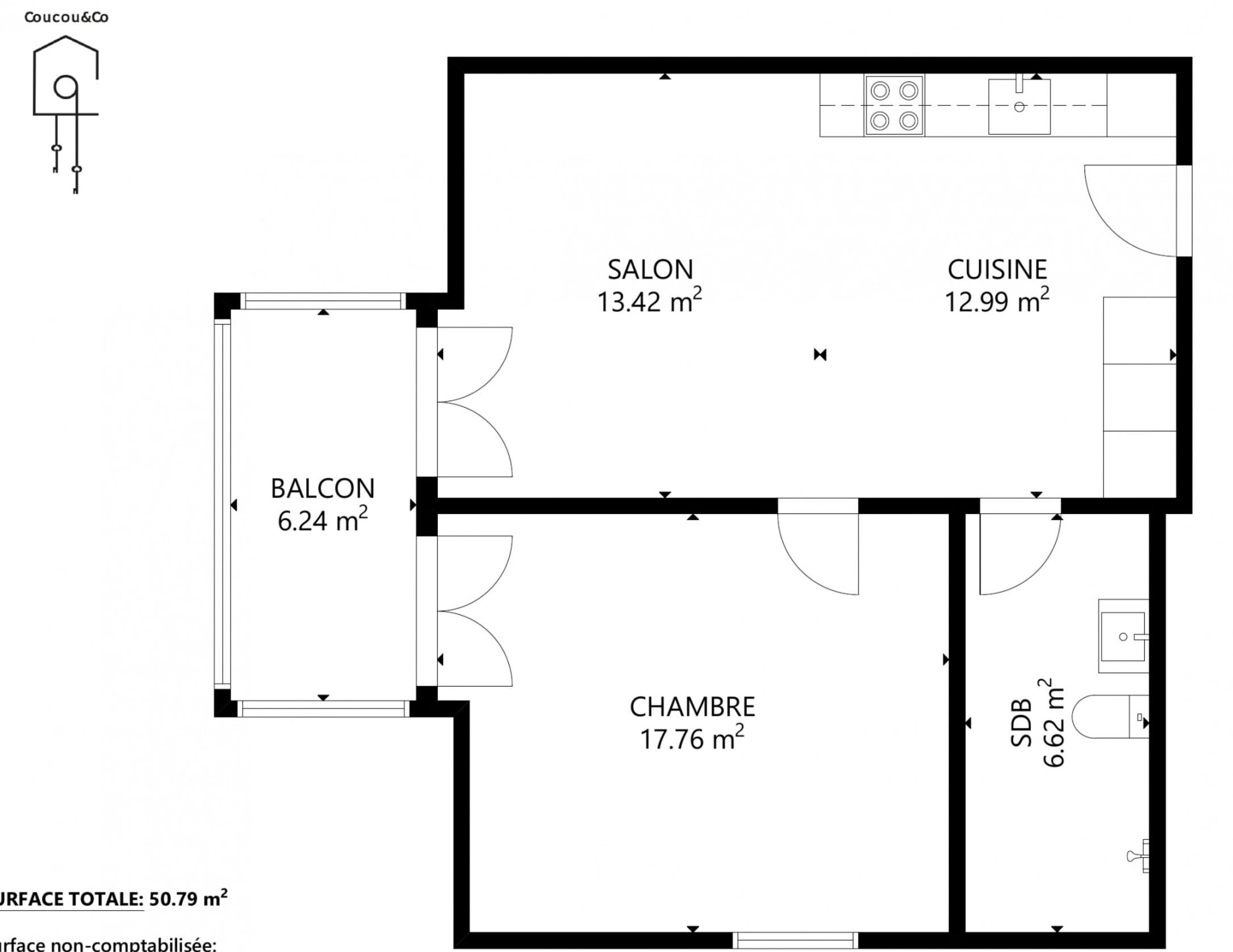 Il s'agit d'un plan d'étage d'un hôtel d'une superficie totale de 50,79 m². Il comprend un balcon (6,24 m²), un salon (17,76 m²), une cuisine (12,99 m²), une salle à manger (13,42 m²) et une salle de bain (6,62 m²).