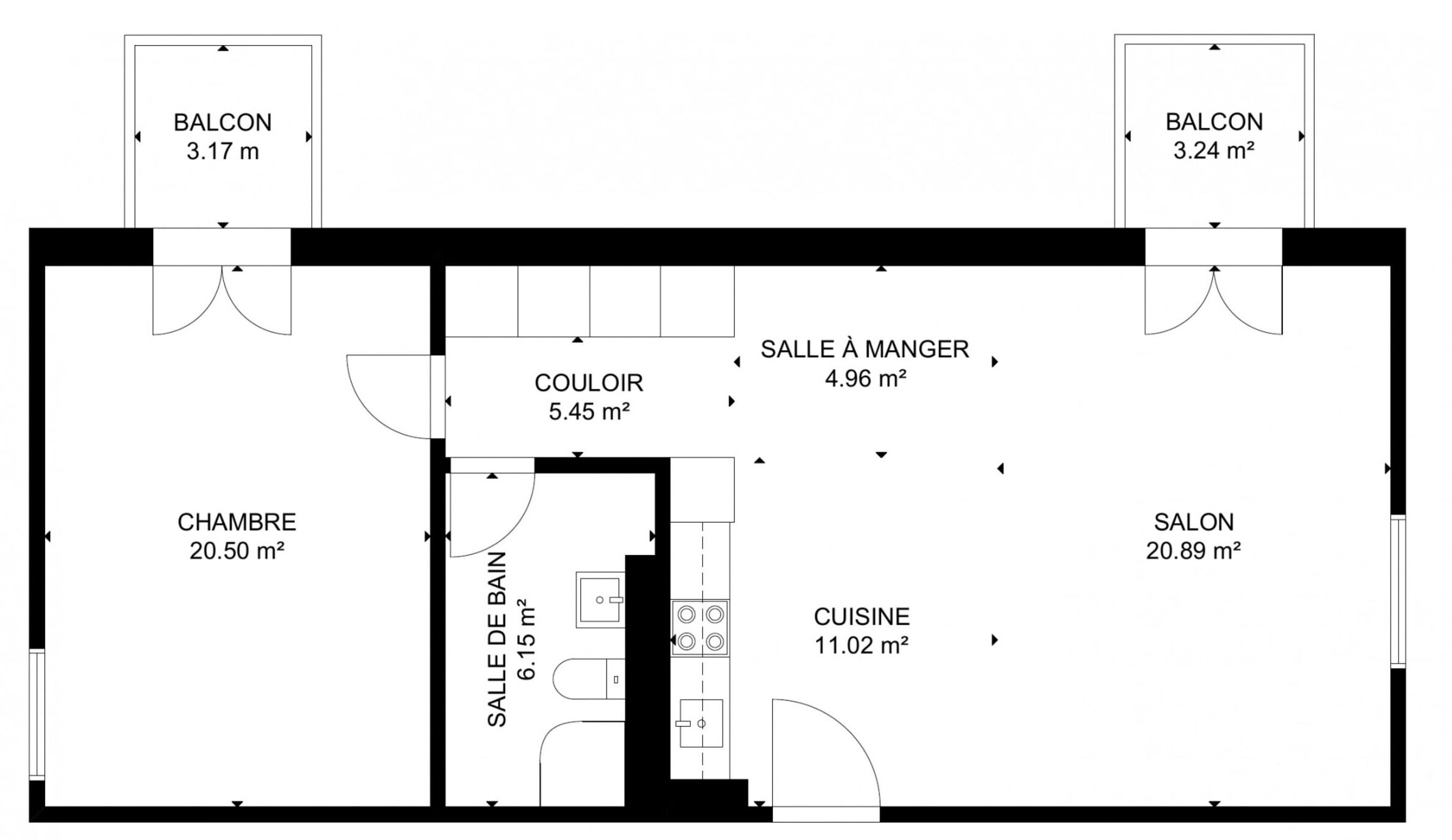 Plano de un hotel que muestra un dormitorio (20,50 m²), una cocina (11,02 m²), un comedor (4,96 m²), un baño (6,15 m²), una sala de estar (5,45 m²) y dos balcones (3,17 m² y 3,24 m²).