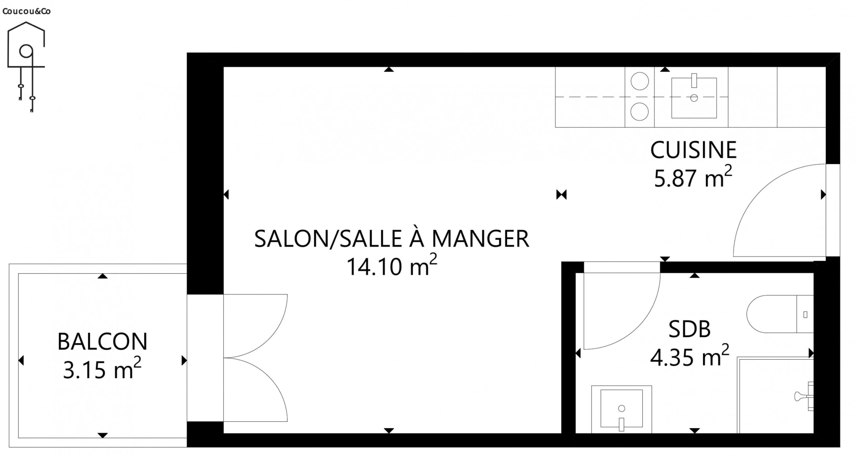 A floor plan with a balcony (3.15 m²), a dining area (14.10 m²), a kitchen (5.87 m²), and a bathroom (4.35 m²).