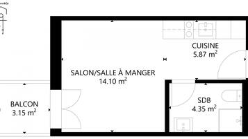 A floor plan with a balcony (3.15 m²), a dining area (14.10 m²), a kitchen (5.87 m²), and a bathroom (4.35 m²).