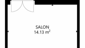 Un plan d’étage comprenant un balcon (3,23 m²), un salon (14,13 m²), une cuisine (5,45 m²) et une chambre (3,49 m²).