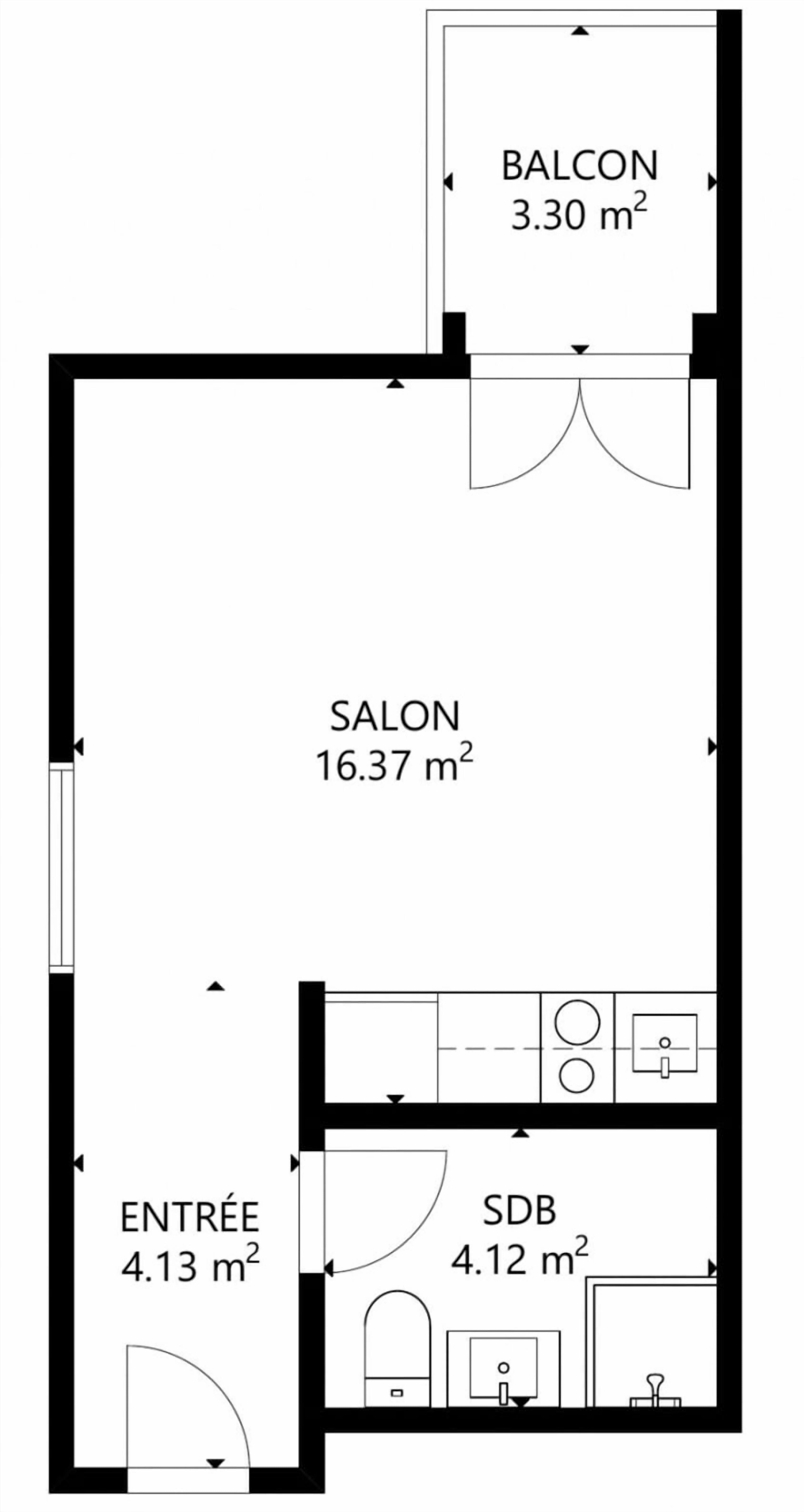 A floor plan with a balcony (3.30 m²), a living room (16.37 m²), an entryway (4.13 m²), and a bathroom (4.12 m²).