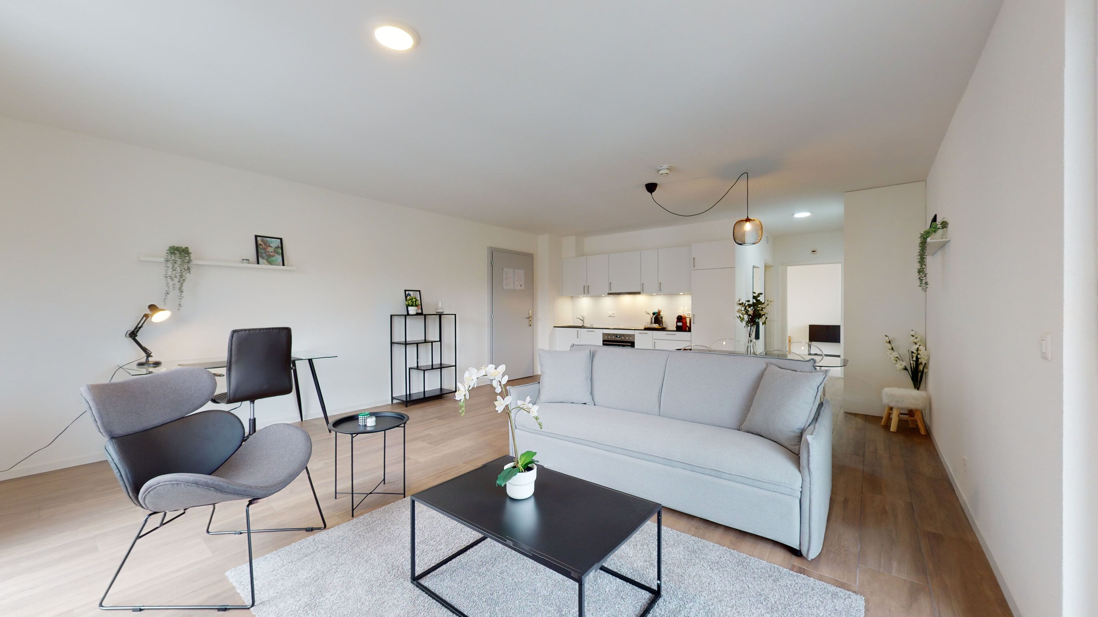 A modern living room with a grey sofa, a black coffee table, and a grey armchair. There is a small round table with a plant in the center of the room.