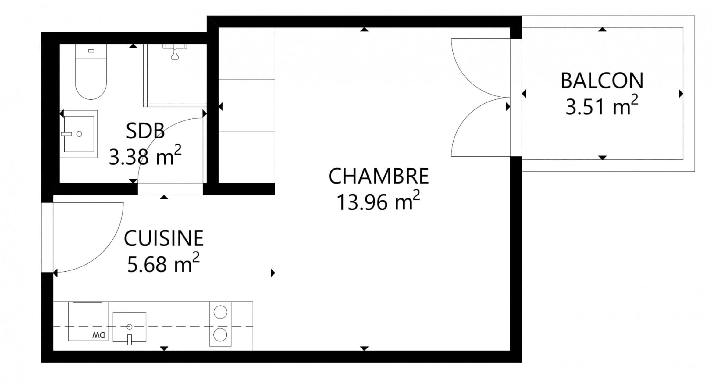 Pohjapiirros, jossa on olohuone (3,51 m²), makuuhuone (13,96 m²), keittiö (5,68 m²), kylpyhuone (3,38 m²) ja parveke (3,51 m²).