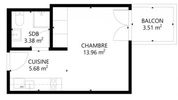 Plattegrond met een woonkamer (3,51 m²), een slaapkamer (13,96 m²), een keuken (5,68 m²), een badkamer (3,38 m²) en een balkon (3,51 m²).