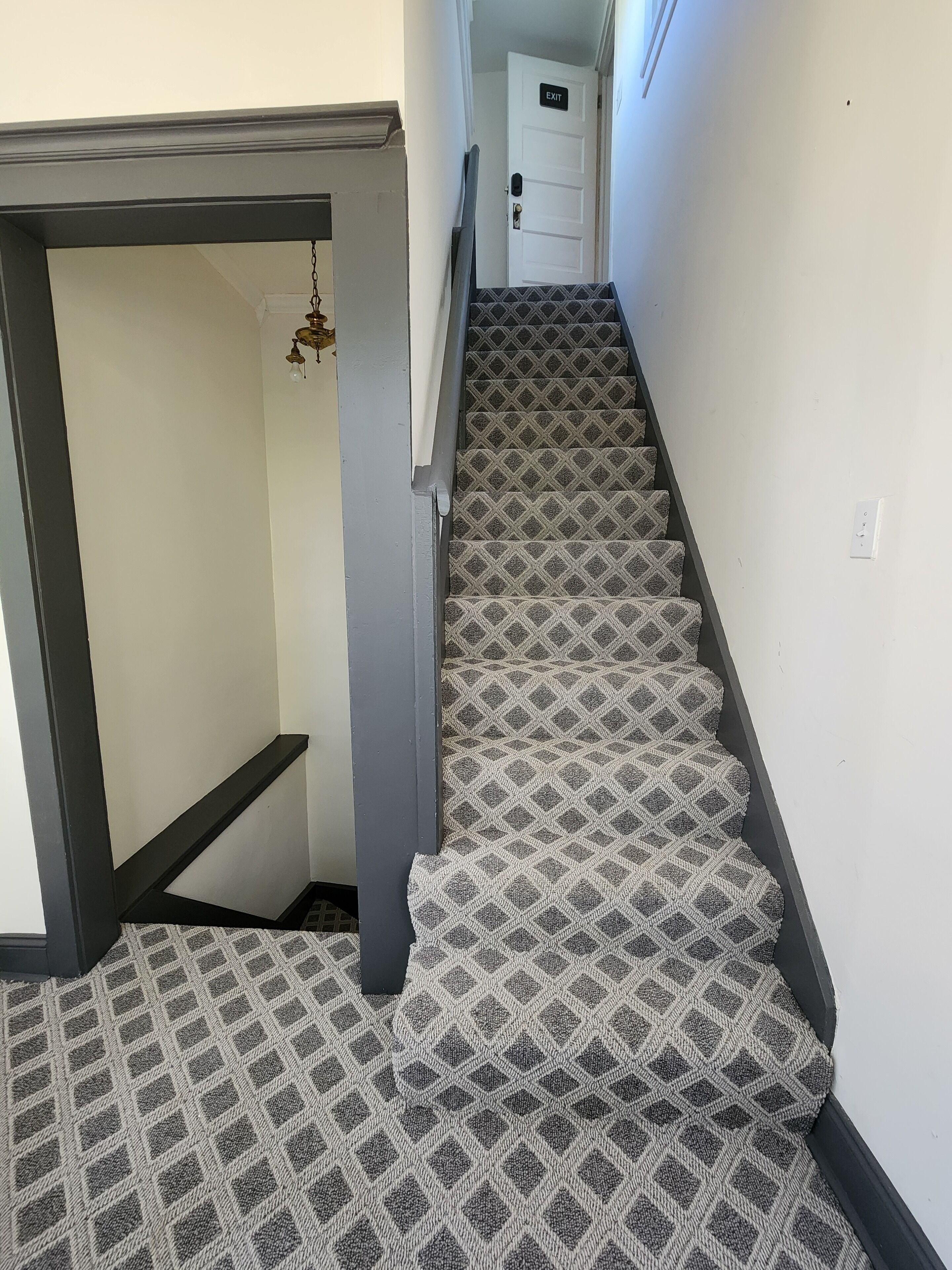 Eine Treppe mit gemustertem Teppich, die zu einer Ausgangstür führt.