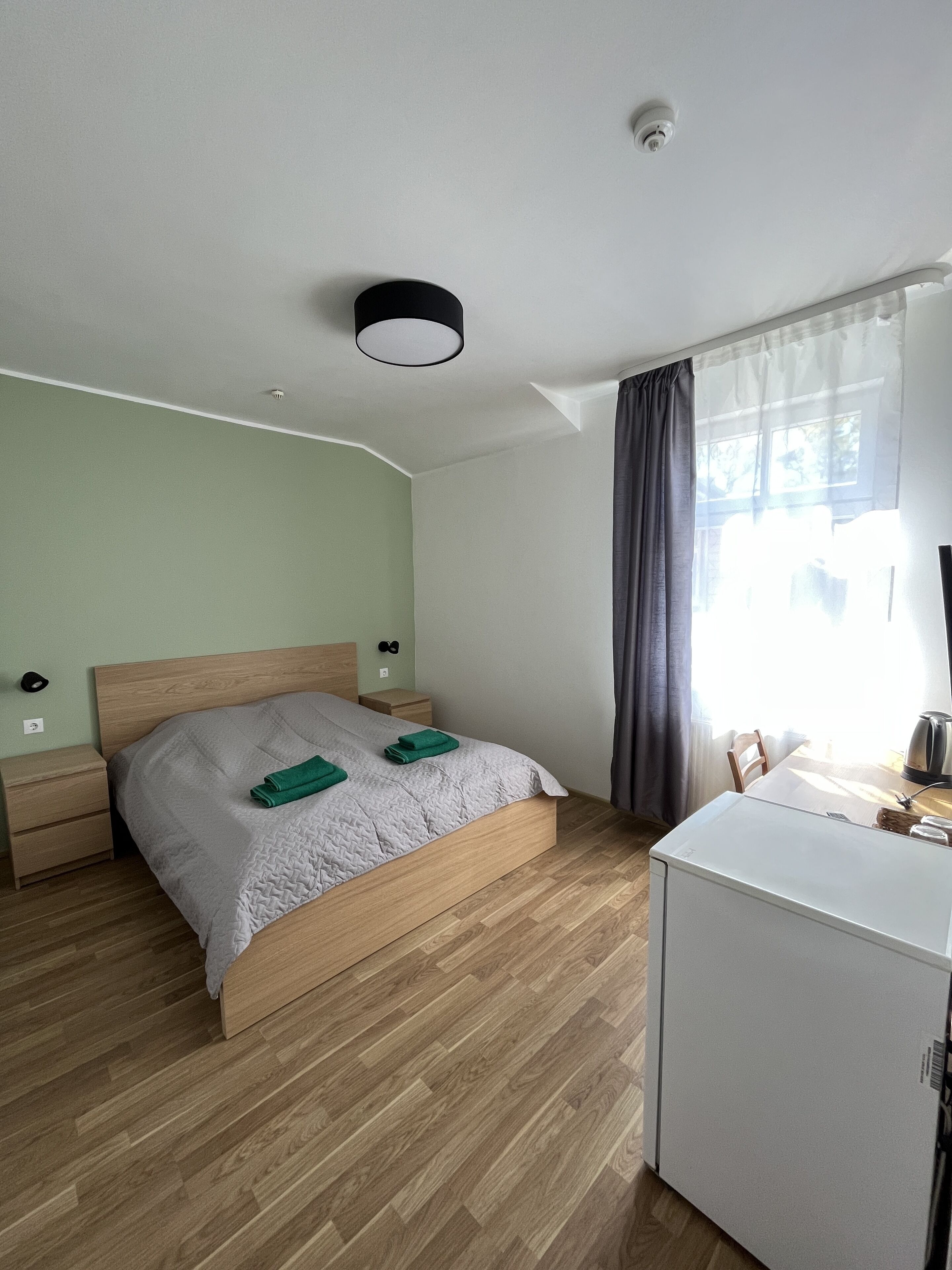 A bedroom with a bed, a nightstand, a dresser, a ceiling light, a window with curtains, and a view of the outdoors.
