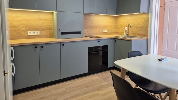 A modern kitchen with grey cabinets, a wooden countertop, and a built-in dishwasher. - Hotel Elīna (Jurmala)
