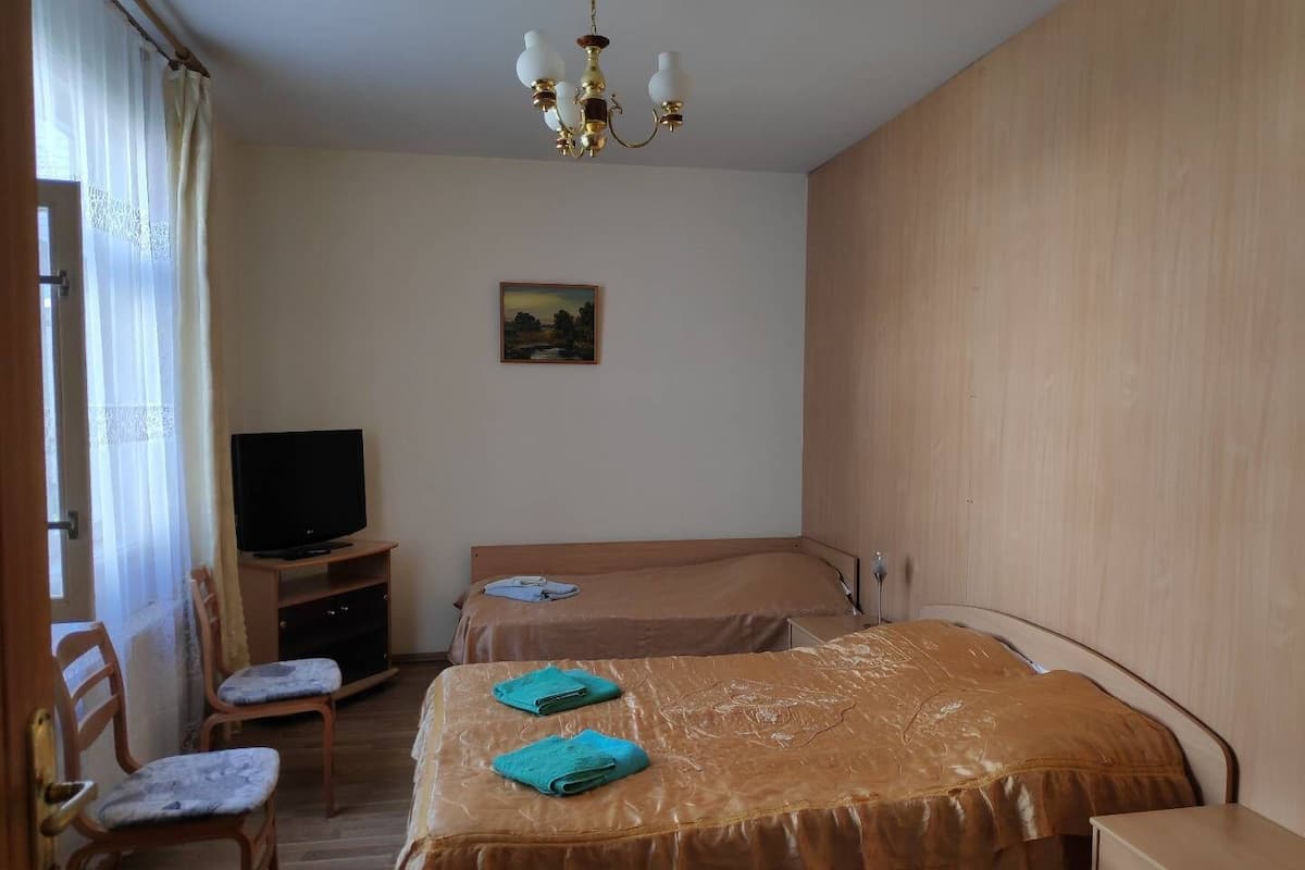 A bedroom with two beds, a television, a desk, and a chair.