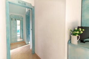 Un pasillo con una puerta azul que da a otra habitación, una jarrón blanco con flores sobre una consola azul, y un televisor sobre la mesa.