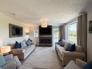Smart TV y chimenea 