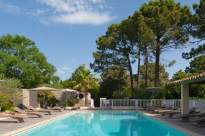 A pool area with lounge chairs, a small pool, and surrounding trees.