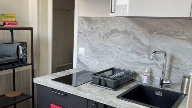 A compact kitchen with dark cabinets, a marble backsplash, a double sink, and a microwave. - 🌹🍾Superb studio 5 mins from cathedral 🥂 (Reims)