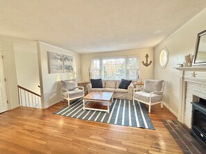 Smart TV, fireplace, books, computer monitors