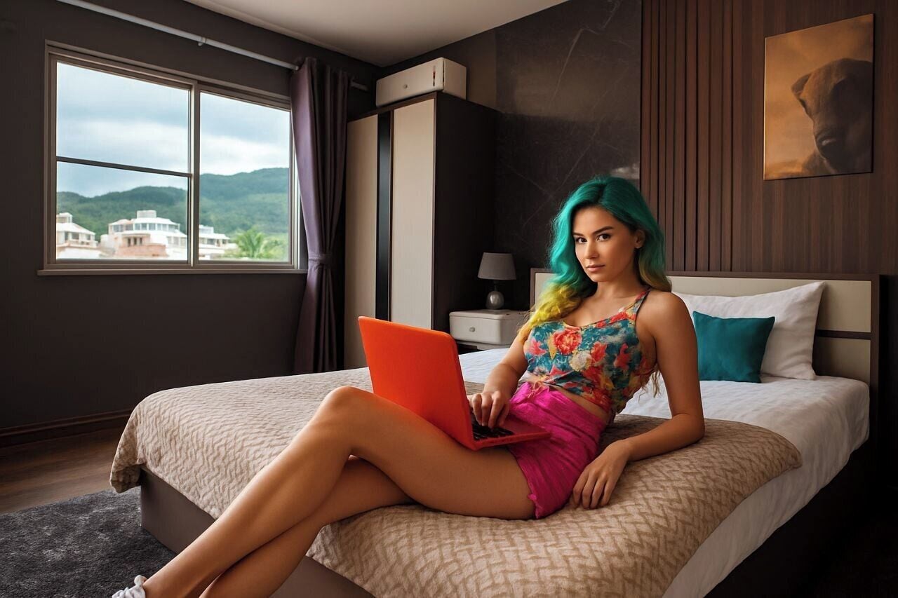 A hotel room with a bed, a window with a view of buildings, a nightstand, and a lamp.