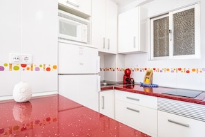 Fridge, microwave, coffee/tea maker, electric kettle