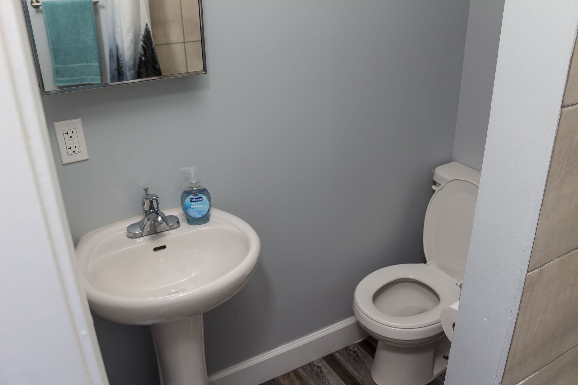 A bathroom with a white sink, a mirror, a toilet, and a blue bottle of hand soap.
