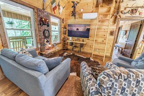 Smart TV, fireplace, books, stereo