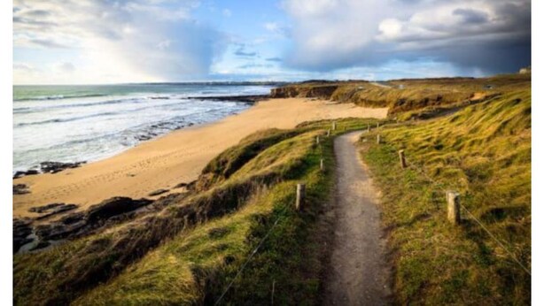 A coastal path leading to a beach with grassy terrain and a clear sky. - Guidel. Superb apartment with large terrace. (Guidel)