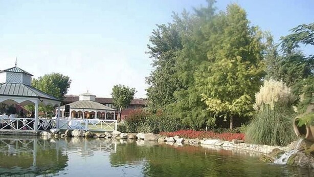 A tranquil pond with a gazebo, surrounded by lush greenery and trees.