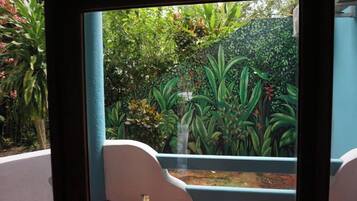A view through a window with a blue wall and a small garden area with various plants and a bench.