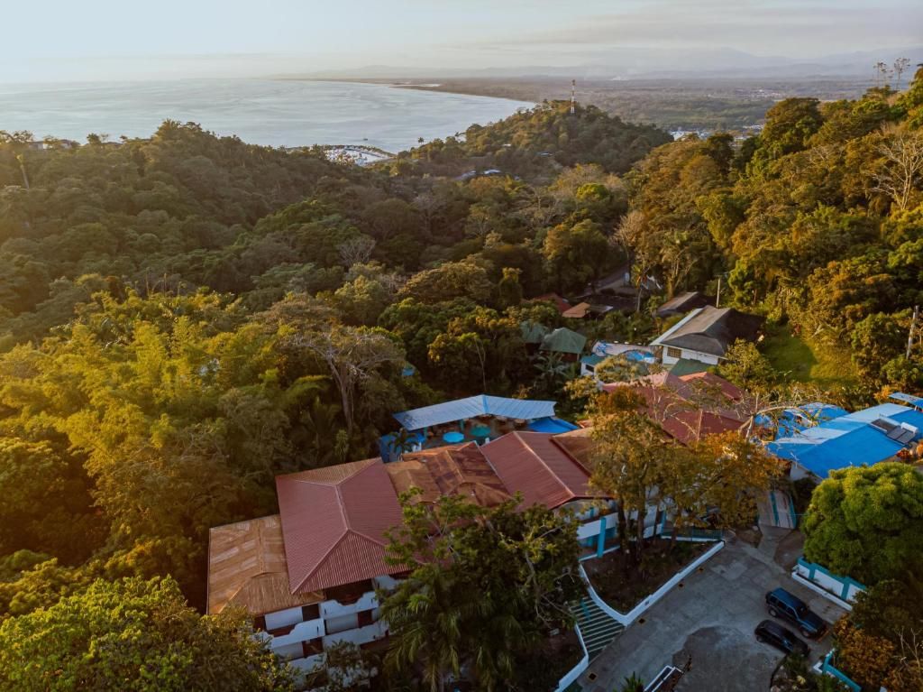 A residential area with houses surrounded by dense vegetation, a clear view of the ocean, and a hilly landscape.